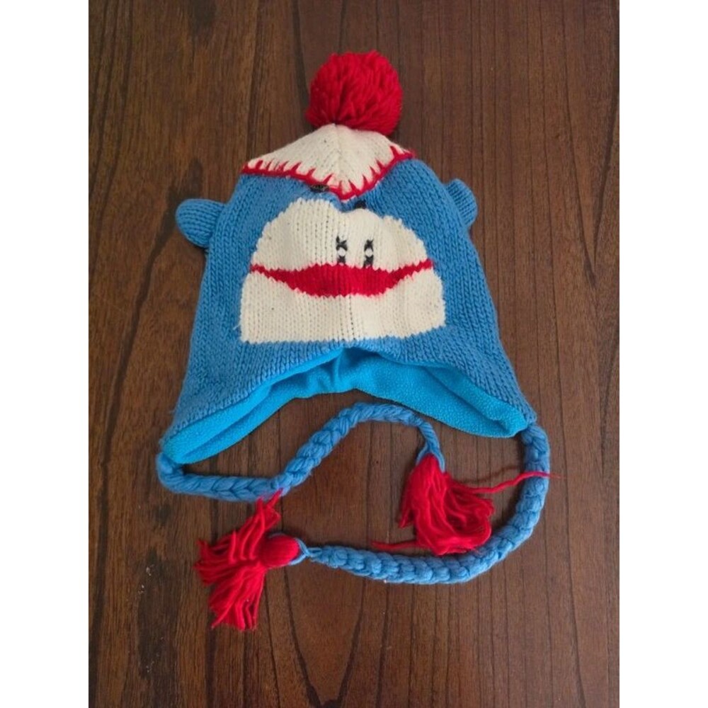 Blue Sock Monkey Knit Earflap Hat Fleece Lined Pom Pom Tassels Winter Beanie